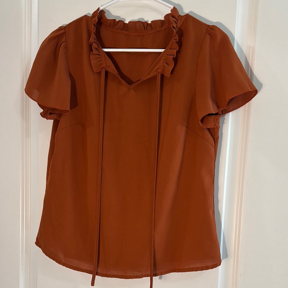 Ruffled Tie Front Brown Flutter Sleeve Top